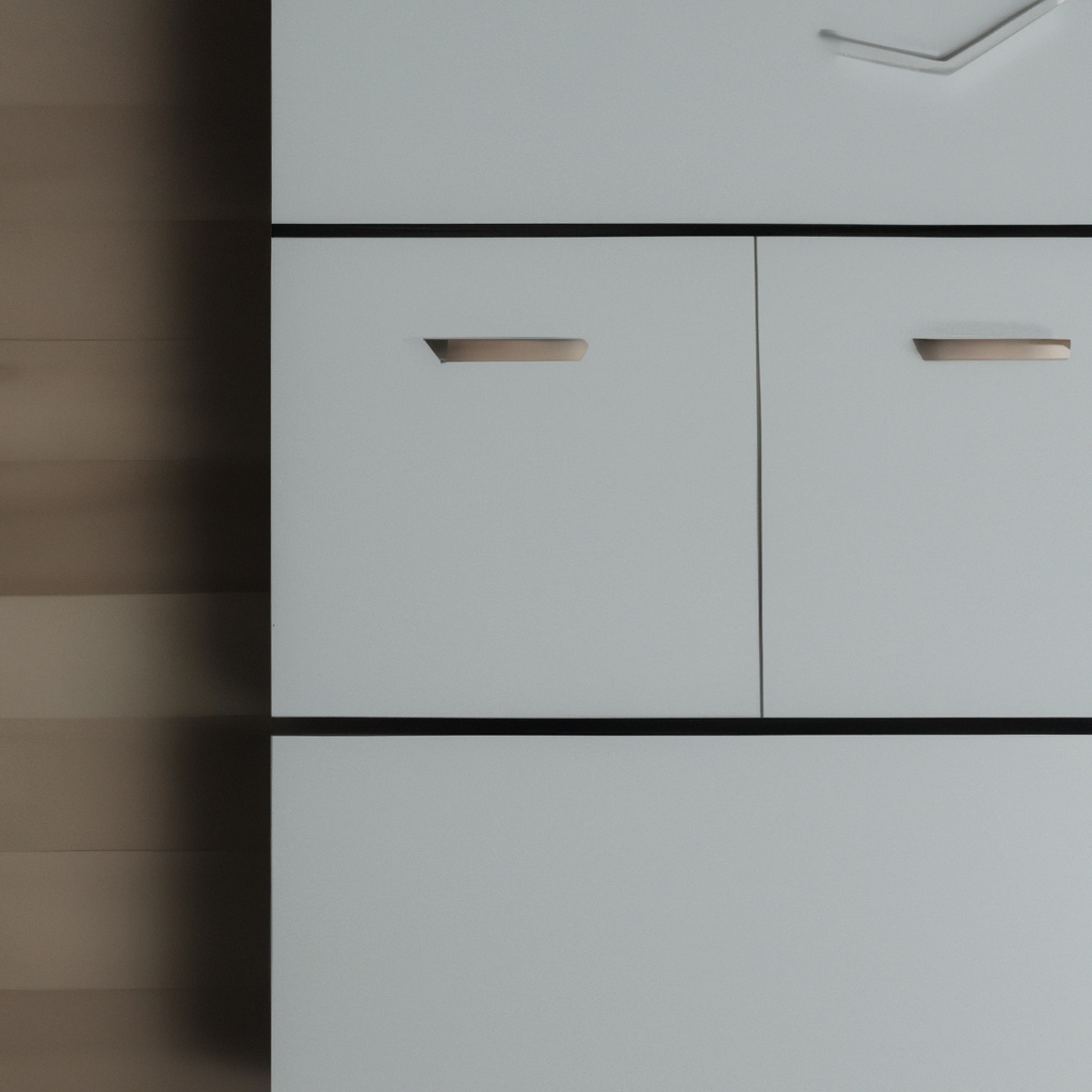 Minimalist white desk with wooden elements in soft daylight, top view with clean lines and storage boxes